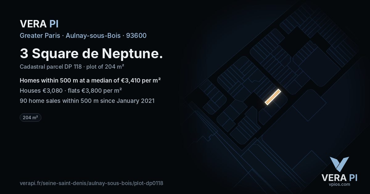 3 Square de Neptune, Aulnay-sous-Bois at night – the plot lit, the parcels around coloured by the prices near them