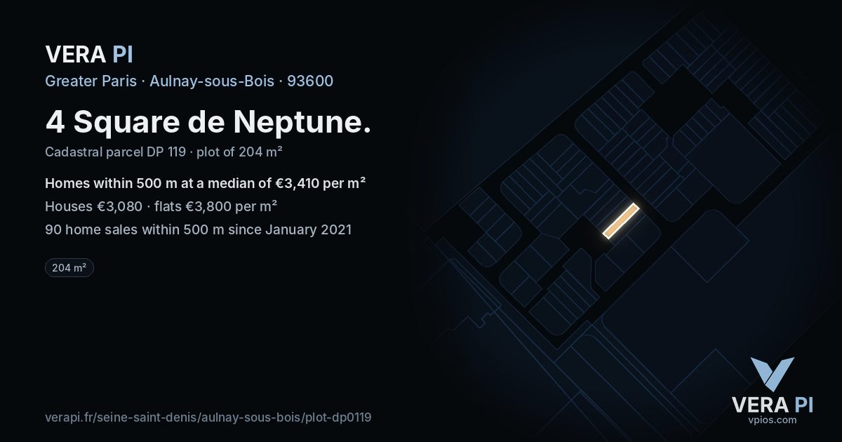 4 Square de Neptune, Aulnay-sous-Bois at night – the plot lit, the parcels around coloured by the prices near them