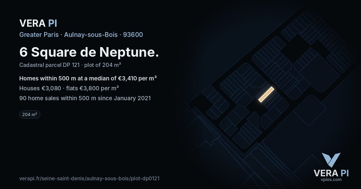 6 Square de Neptune, Aulnay-sous-Bois at night – the plot lit, the parcels around coloured by the prices near them