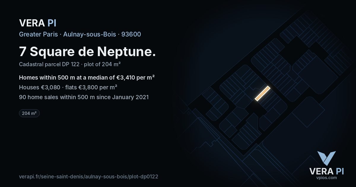 7 Square de Neptune, Aulnay-sous-Bois at night – the plot lit, the parcels around coloured by the prices near them