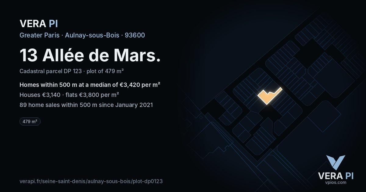 13 Allée de Mars, Aulnay-sous-Bois at night – the plot lit, the parcels around coloured by the prices near them