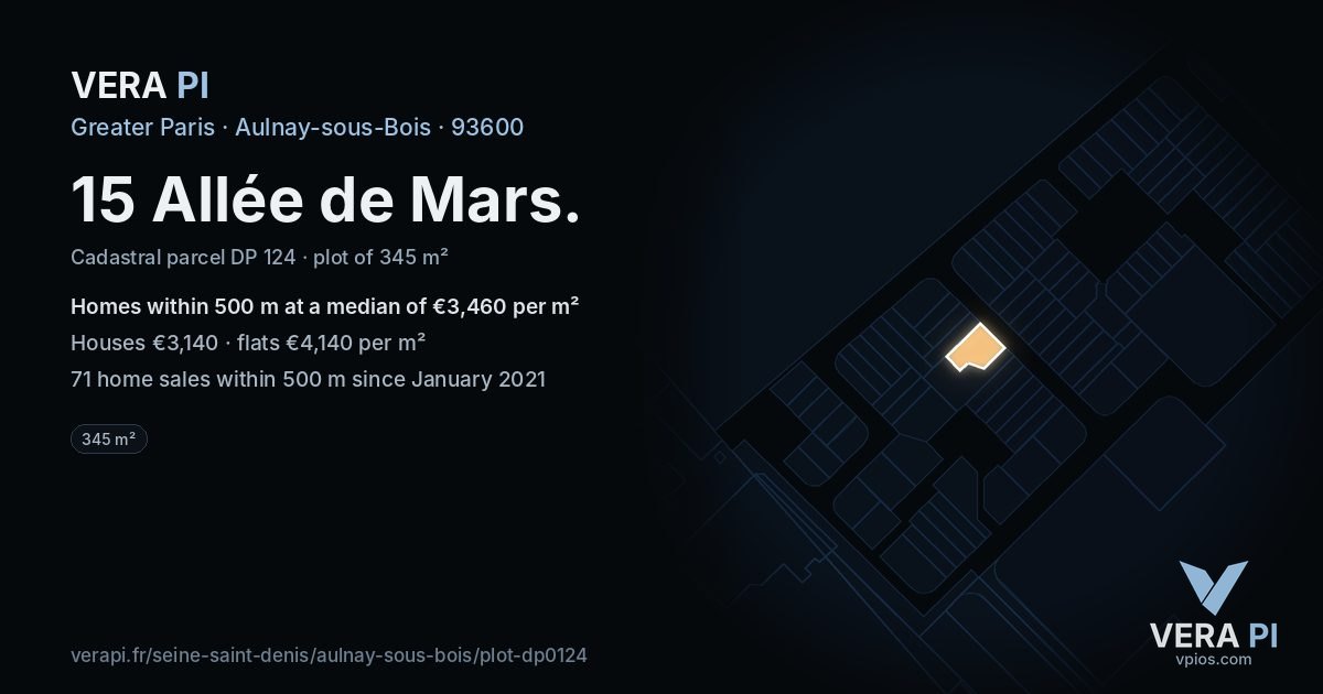 15 Allée de Mars, Aulnay-sous-Bois at night – the plot lit, the parcels around coloured by the prices near them