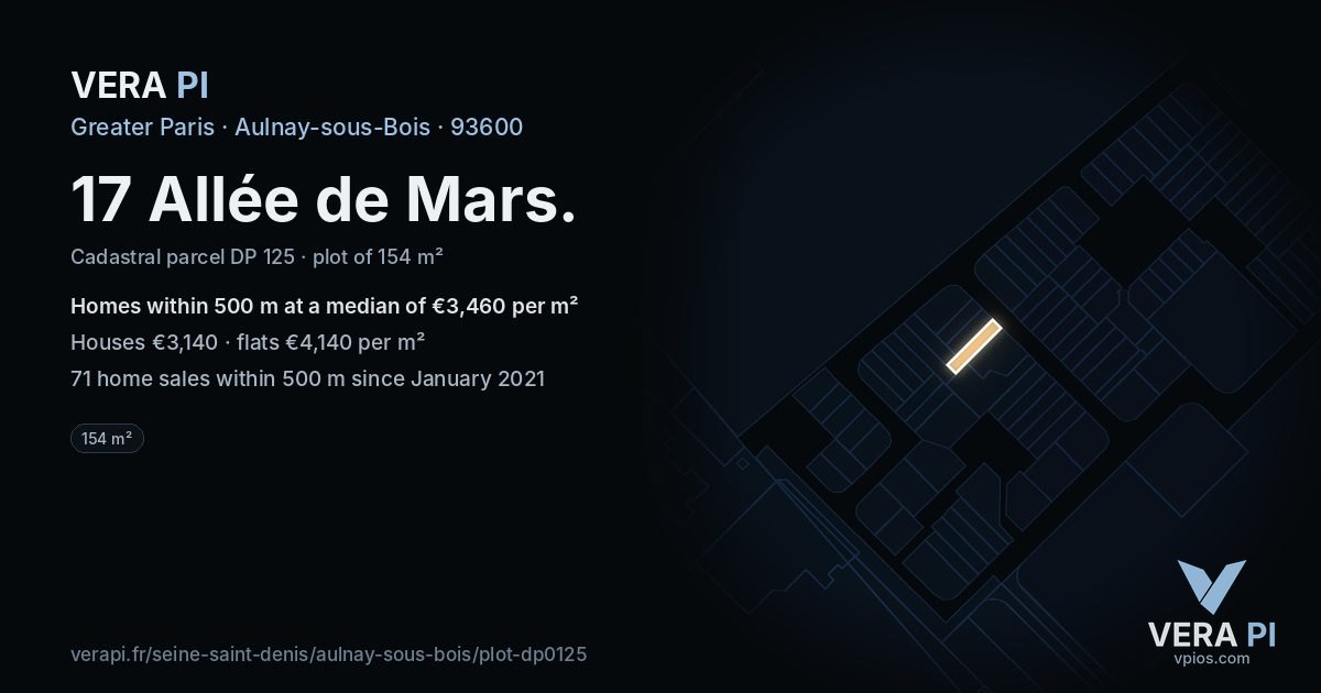 17 Allée de Mars, Aulnay-sous-Bois at night – the plot lit, the parcels around coloured by the prices near them