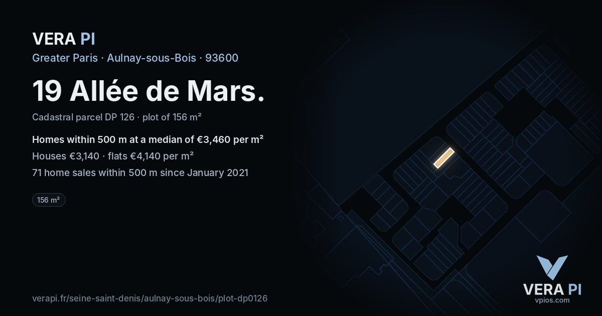 19 Allée de Mars, Aulnay-sous-Bois at night – the plot lit, the parcels around coloured by the prices near them