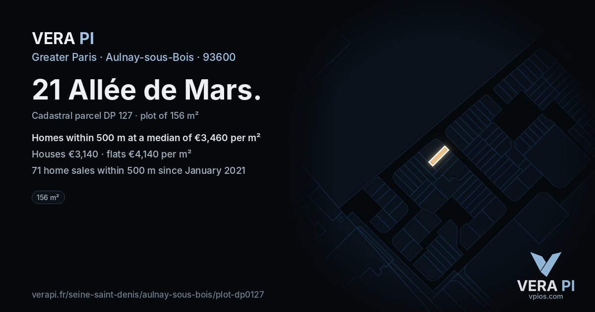 21 Allée de Mars, Aulnay-sous-Bois at night – the plot lit, the parcels around coloured by the prices near them