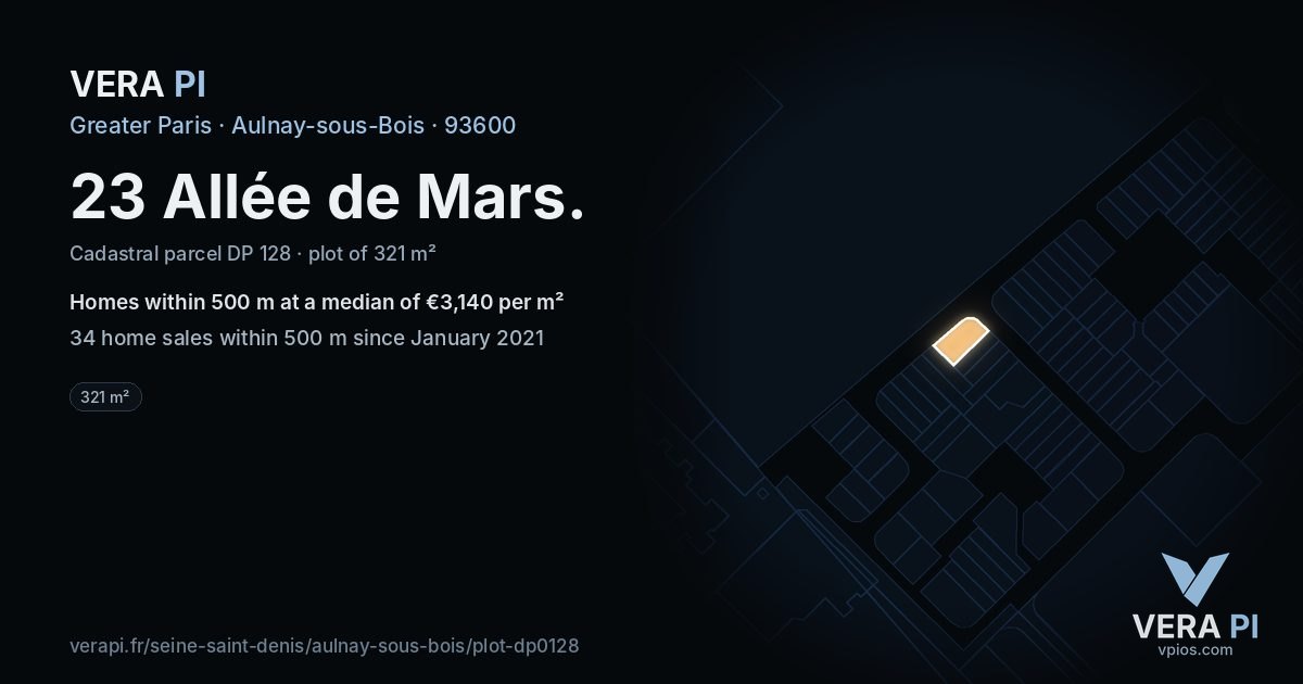 23 Allée de Mars, Aulnay-sous-Bois at night – the plot lit, the parcels around coloured by the prices near them