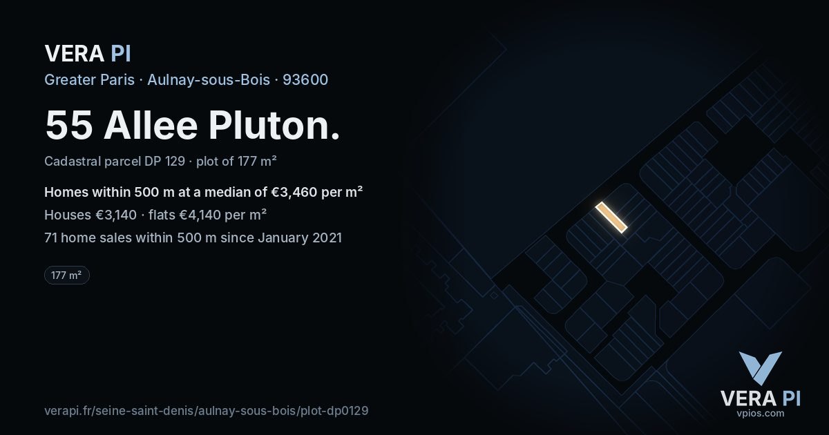 55 Allee Pluton, Aulnay-sous-Bois at night – the plot lit, the parcels around coloured by the prices near them