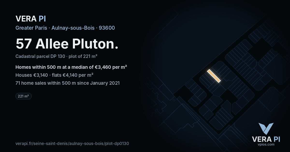57 Allee Pluton, Aulnay-sous-Bois at night – the plot lit, the parcels around coloured by the prices near them