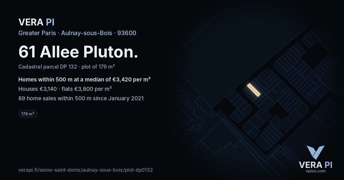 61 Allee Pluton, Aulnay-sous-Bois at night – the plot lit, the parcels around coloured by the prices near them