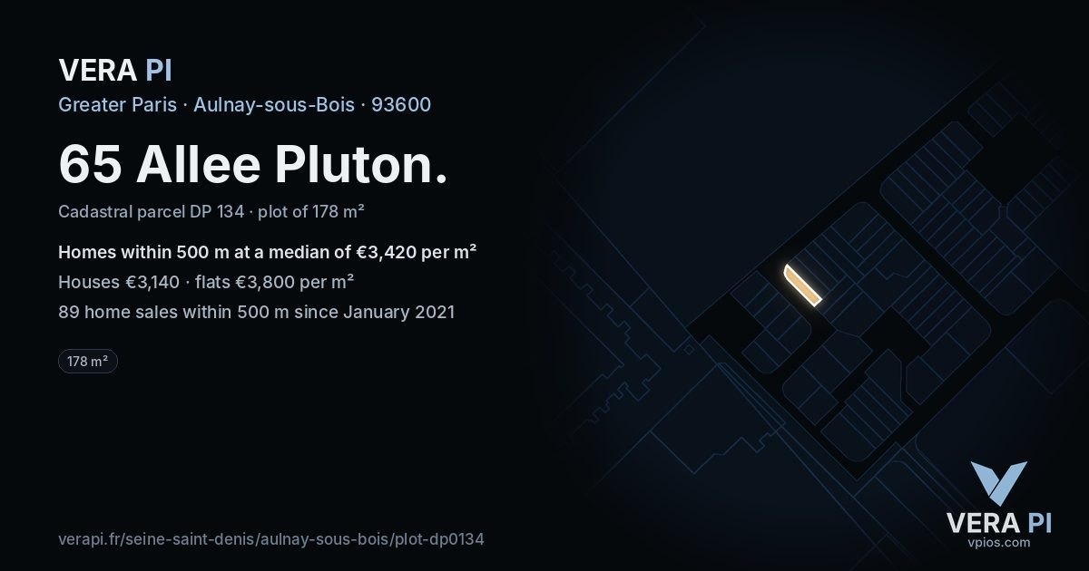 65 Allee Pluton, Aulnay-sous-Bois at night – the plot lit, the parcels around coloured by the prices near them
