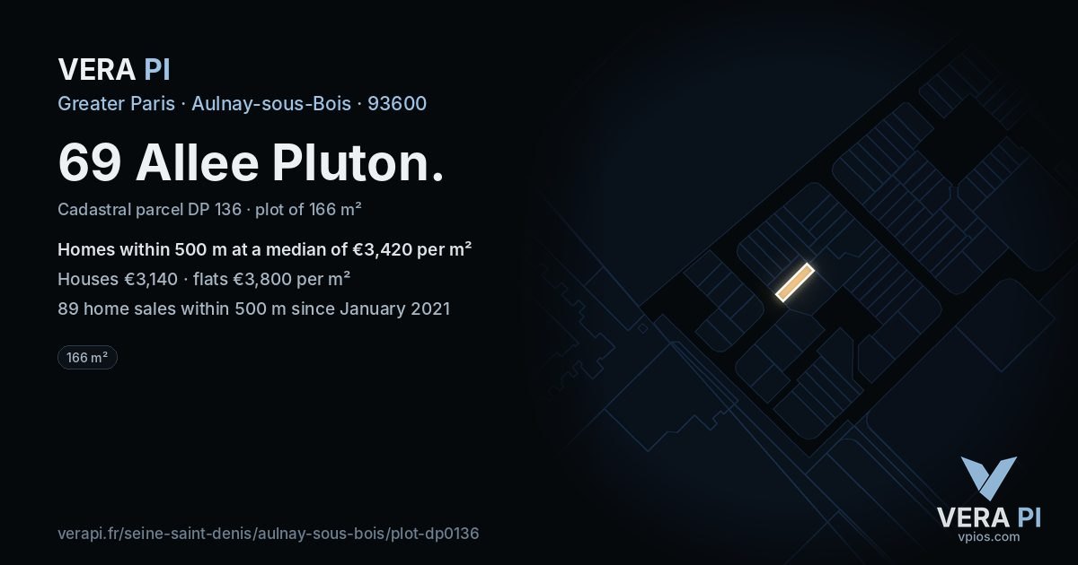 69 Allee Pluton, Aulnay-sous-Bois at night – the plot lit, the parcels around coloured by the prices near them