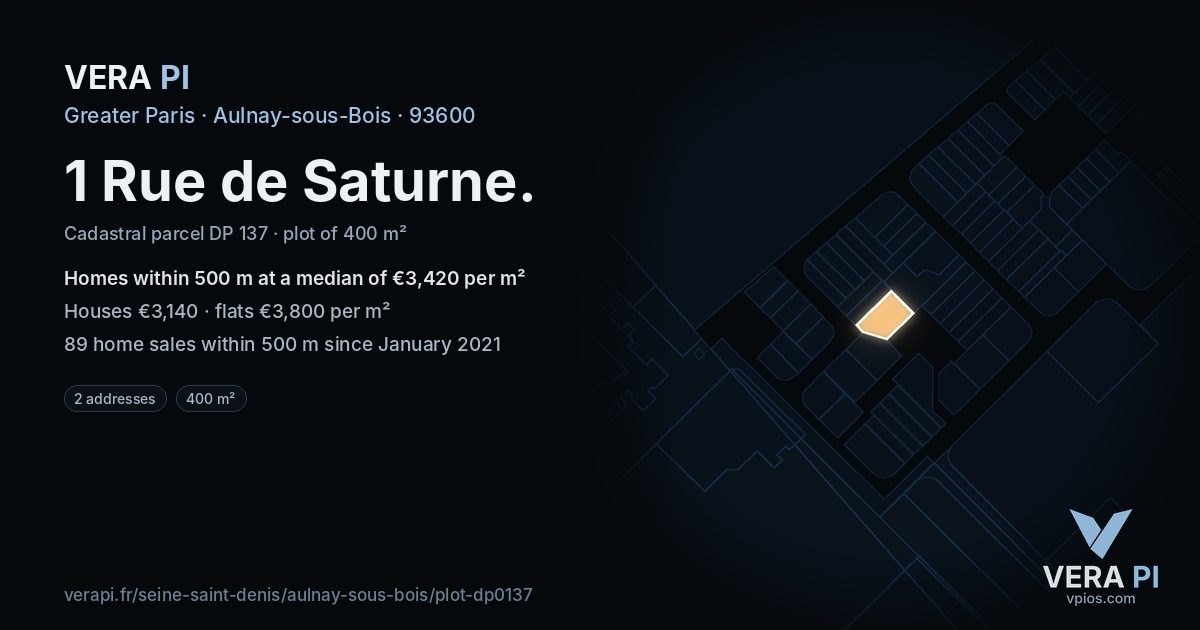 1 Rue de Saturne, Aulnay-sous-Bois at night – the plot lit, the parcels around coloured by the prices near them