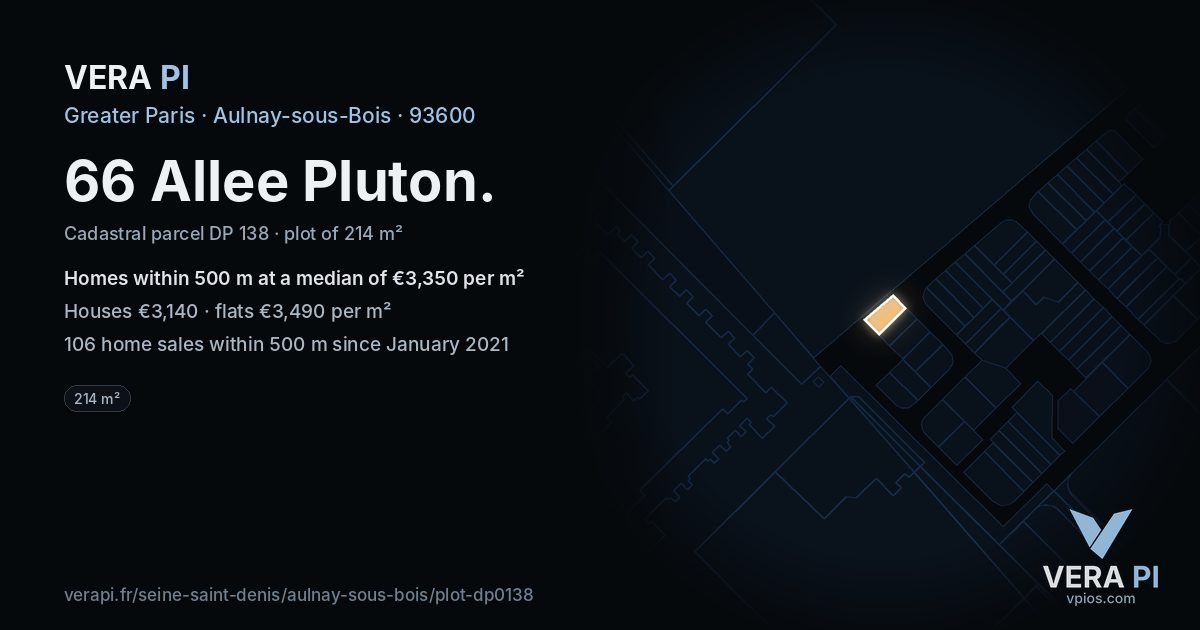 66 Allee Pluton, Aulnay-sous-Bois at night – the plot lit, the parcels around coloured by the prices near them