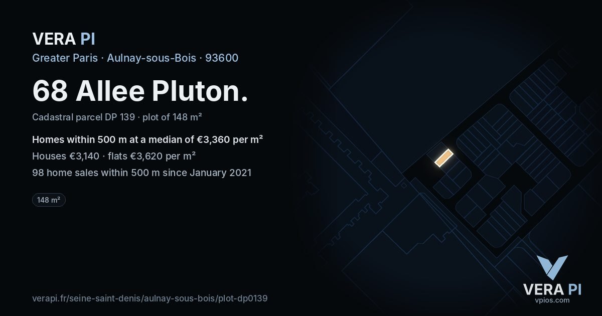 68 Allee Pluton, Aulnay-sous-Bois at night – the plot lit, the parcels around coloured by the prices near them