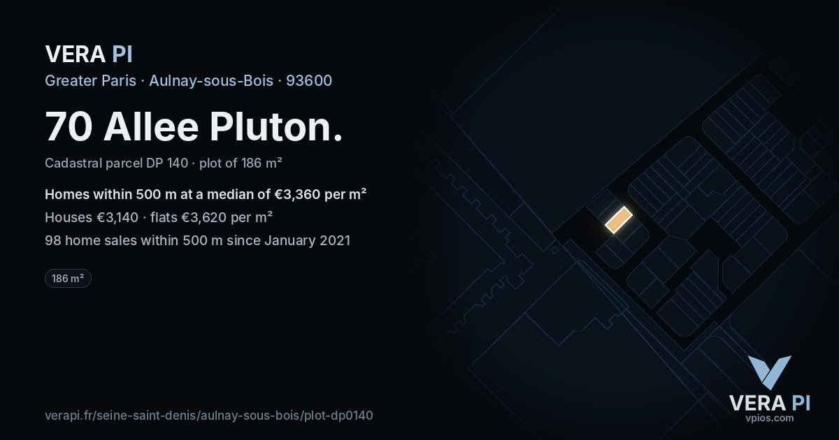 70 Allee Pluton, Aulnay-sous-Bois at night – the plot lit, the parcels around coloured by the prices near them