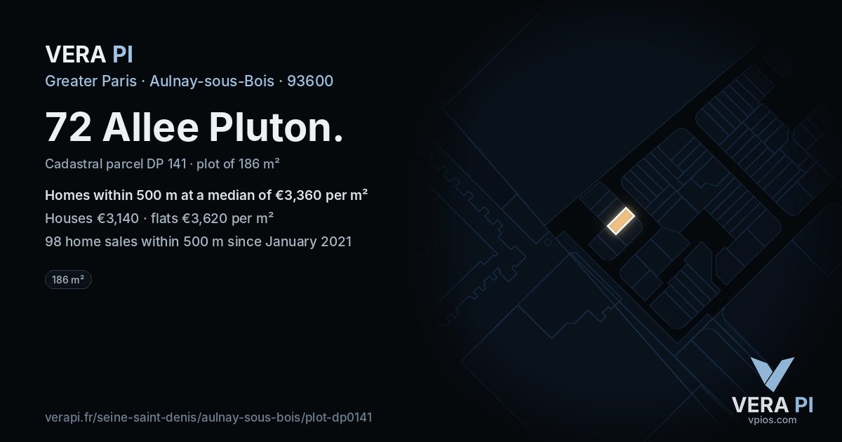 72 Allee Pluton, Aulnay-sous-Bois at night – the plot lit, the parcels around coloured by the prices near them