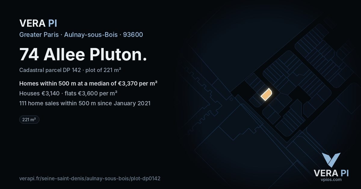 74 Allee Pluton, Aulnay-sous-Bois at night – the plot lit, the parcels around coloured by the prices near them