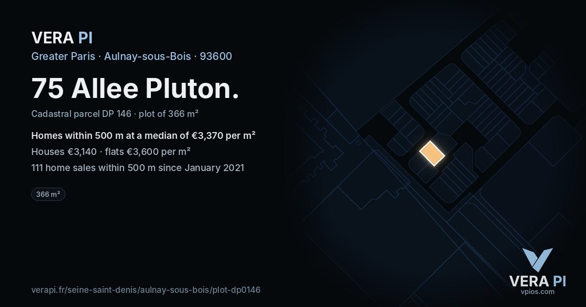 75 Allee Pluton, Aulnay-sous-Bois at night – the plot lit, the parcels around coloured by the prices near them