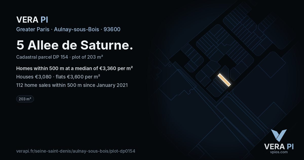 5 Allee de Saturne, Aulnay-sous-Bois at night – the plot lit, the parcels around coloured by the prices near them