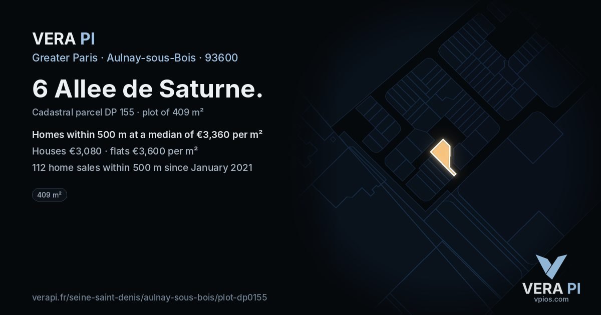 6 Allee de Saturne, Aulnay-sous-Bois at night – the plot lit, the parcels around coloured by the prices near them