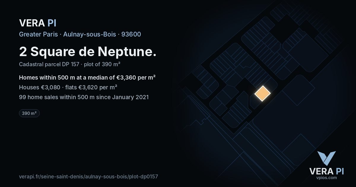 2 Square de Neptune, Aulnay-sous-Bois at night – the plot lit, the parcels around coloured by the prices near them