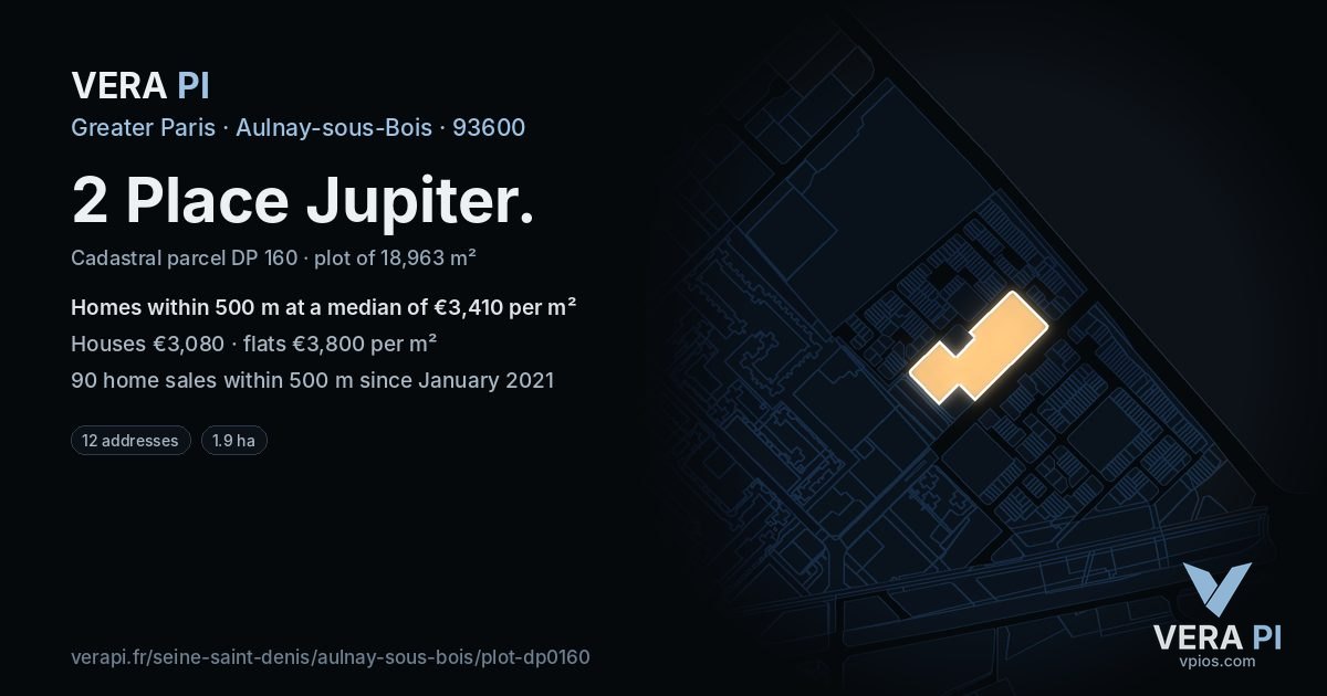 2 Place Jupiter, Aulnay-sous-Bois at night – the plot lit, the parcels around coloured by the prices near them