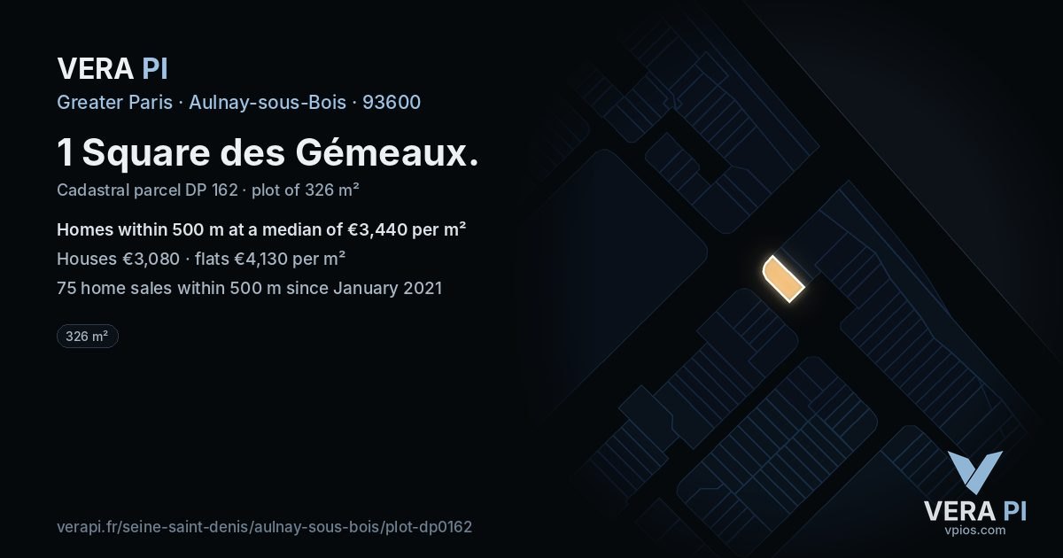 1 Square des Gémeaux, Aulnay-sous-Bois at night – the plot lit, the parcels around coloured by the prices near them