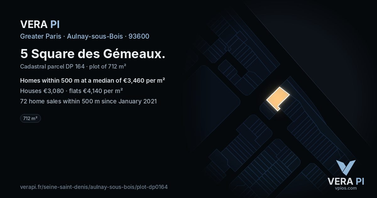 5 Square des Gémeaux, Aulnay-sous-Bois at night – the plot lit, the parcels around coloured by the prices near them