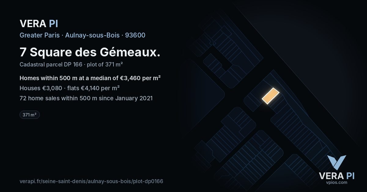 7 Square des Gémeaux, Aulnay-sous-Bois at night – the plot lit, the parcels around coloured by the prices near them