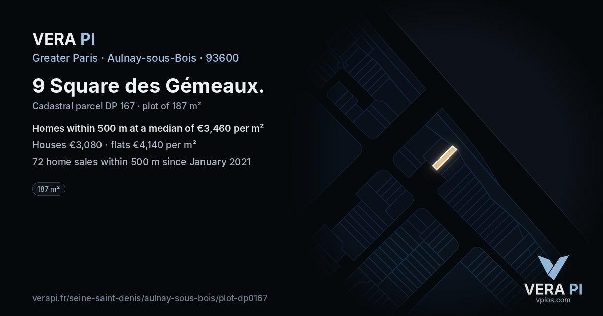 9 Square des Gémeaux, Aulnay-sous-Bois at night – the plot lit, the parcels around coloured by the prices near them