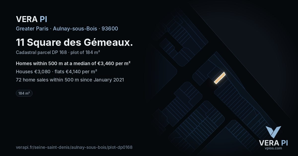 11 Square des Gémeaux, Aulnay-sous-Bois at night – the plot lit, the parcels around coloured by the prices near them
