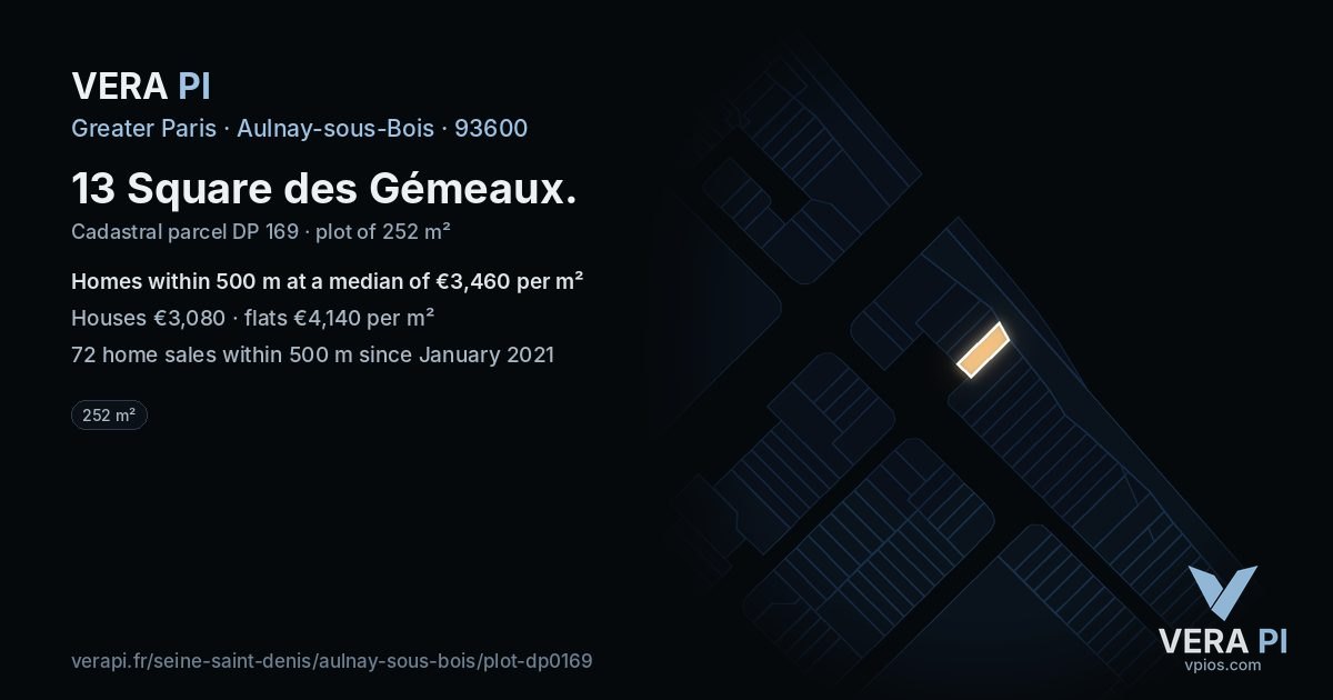 13 Square des Gémeaux, Aulnay-sous-Bois at night – the plot lit, the parcels around coloured by the prices near them