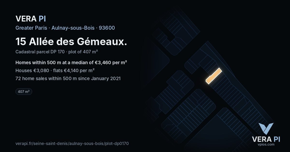 15 Allée des Gémeaux, Aulnay-sous-Bois at night – the plot lit, the parcels around coloured by the prices near them