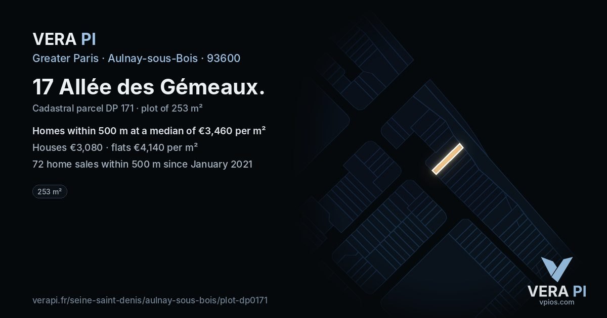 17 Allée des Gémeaux, Aulnay-sous-Bois at night – the plot lit, the parcels around coloured by the prices near them