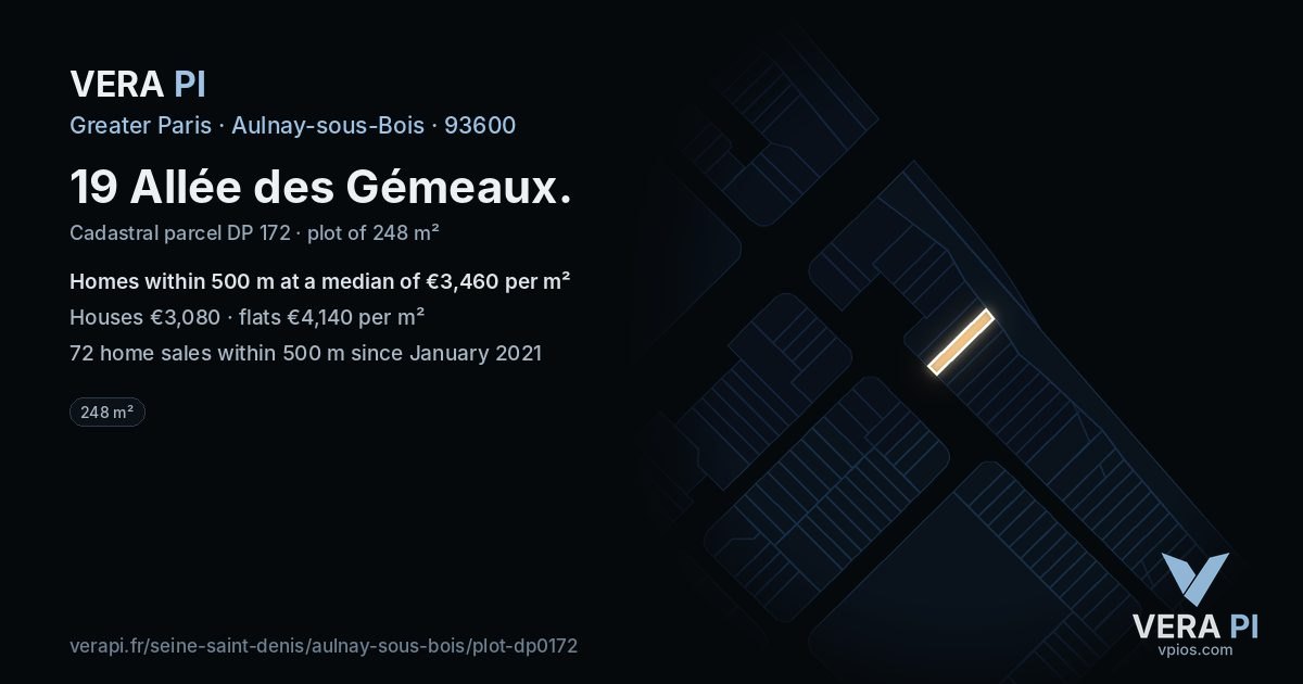 19 Allée des Gémeaux, Aulnay-sous-Bois at night – the plot lit, the parcels around coloured by the prices near them