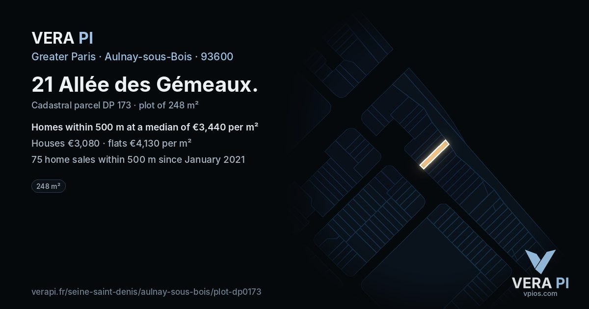 21 Allée des Gémeaux, Aulnay-sous-Bois at night – the plot lit, the parcels around coloured by the prices near them