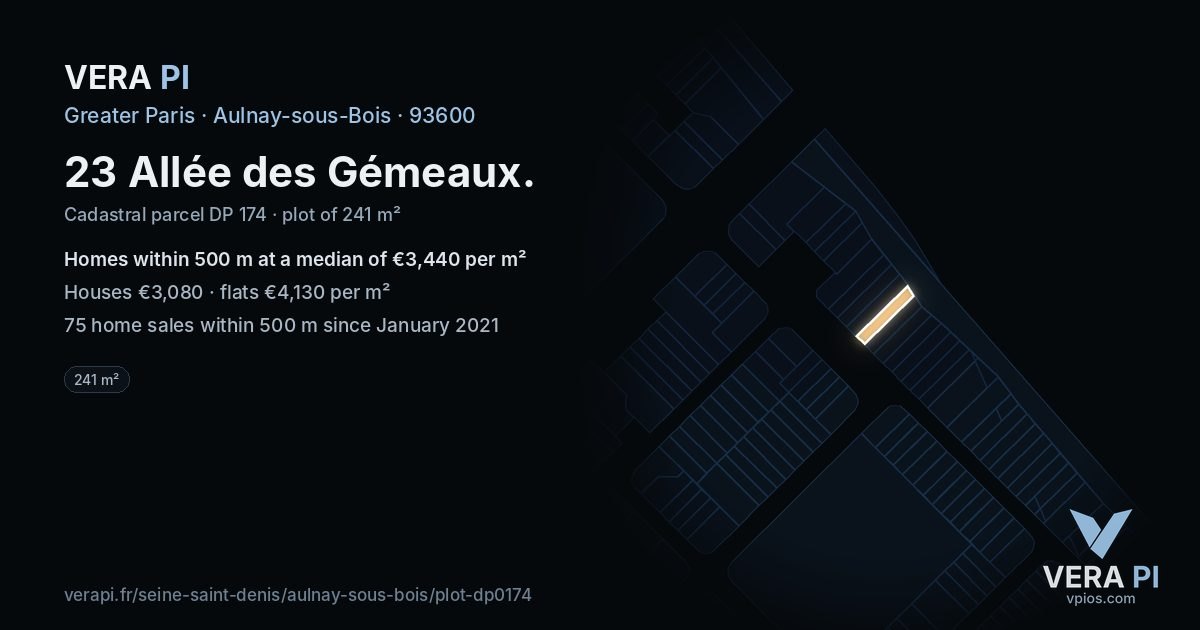 23 Allée des Gémeaux, Aulnay-sous-Bois at night – the plot lit, the parcels around coloured by the prices near them