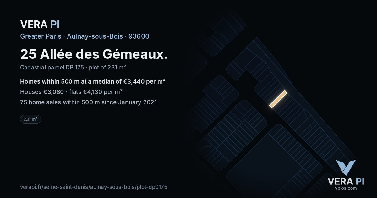 25 Allée des Gémeaux, Aulnay-sous-Bois at night – the plot lit, the parcels around coloured by the prices near them
