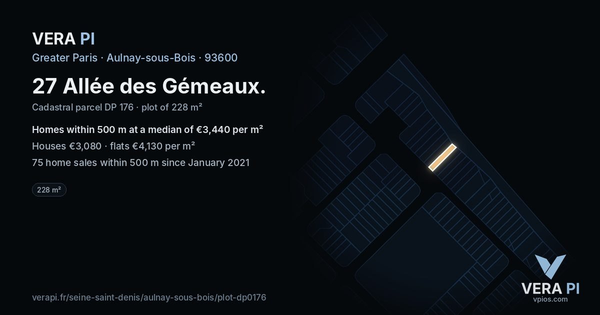 27 Allée des Gémeaux, Aulnay-sous-Bois at night – the plot lit, the parcels around coloured by the prices near them