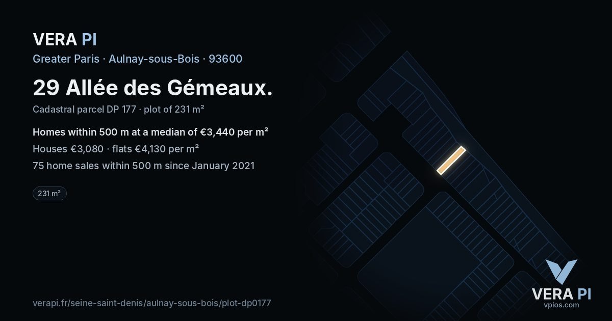 29 Allée des Gémeaux, Aulnay-sous-Bois at night – the plot lit, the parcels around coloured by the prices near them