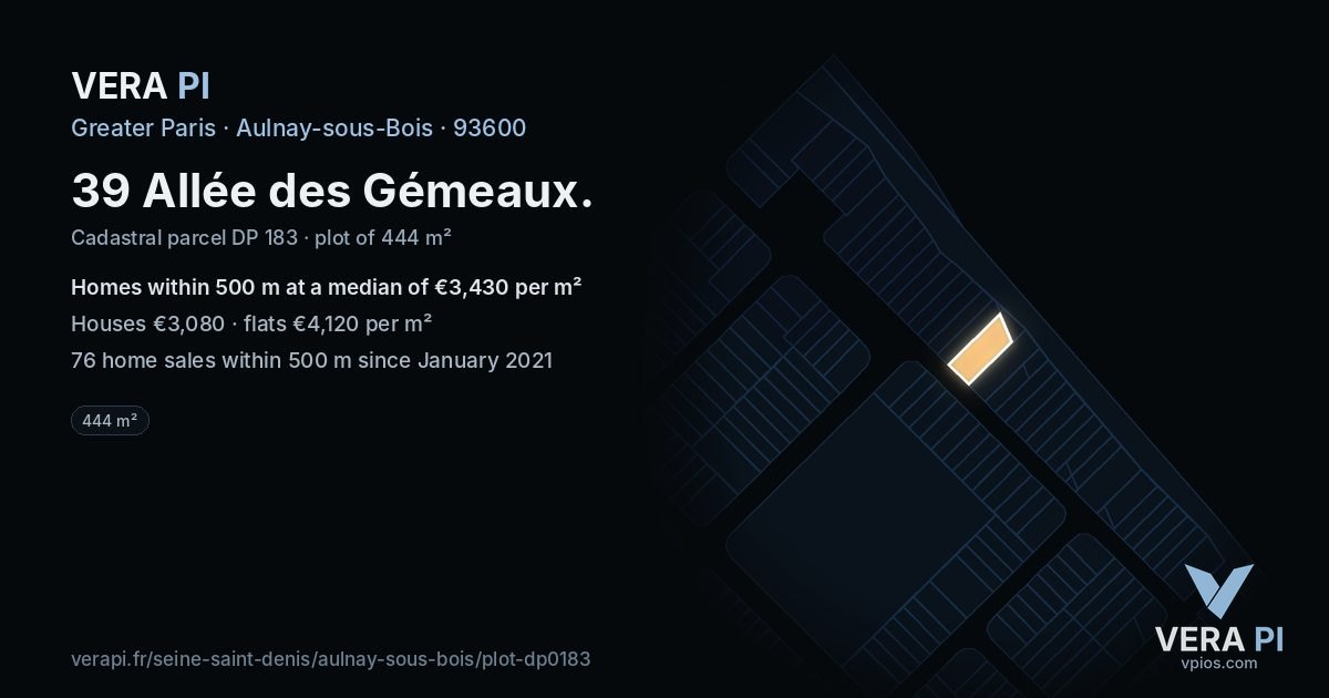 39 Allée des Gémeaux, Aulnay-sous-Bois at night – the plot lit, the parcels around coloured by the prices near them