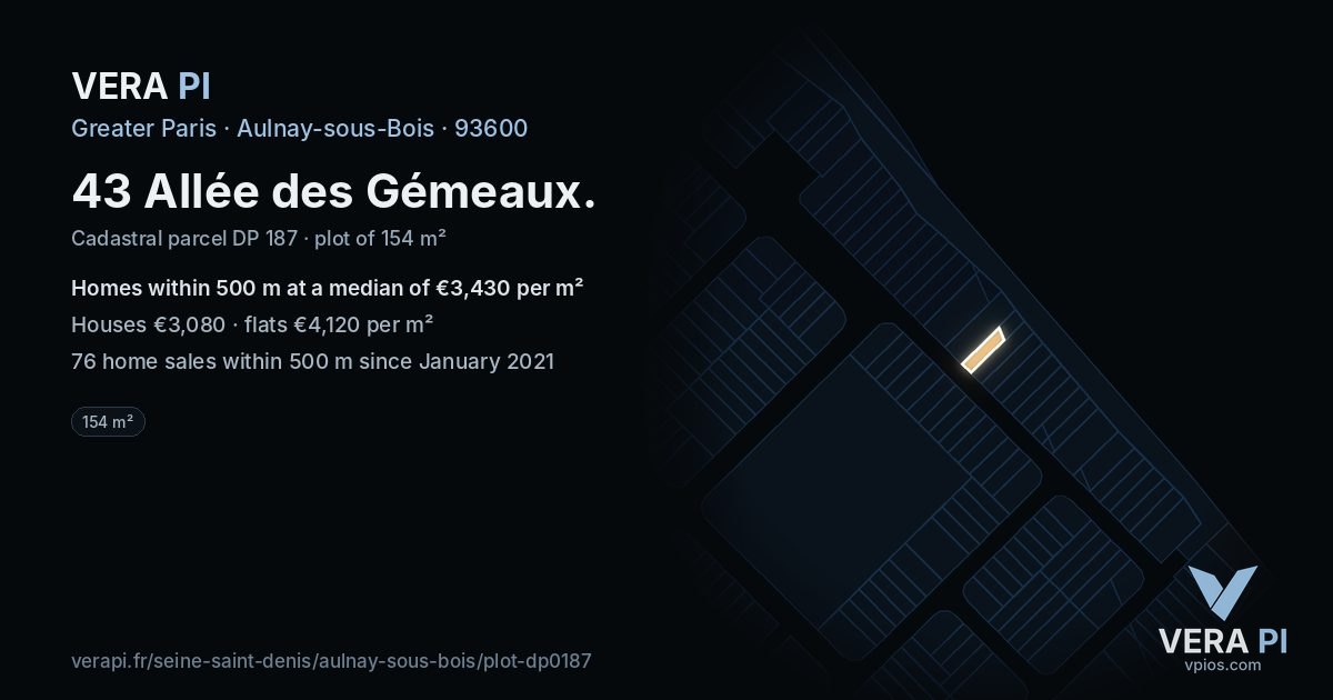 43 Allée des Gémeaux, Aulnay-sous-Bois at night – the plot lit, the parcels around coloured by the prices near them