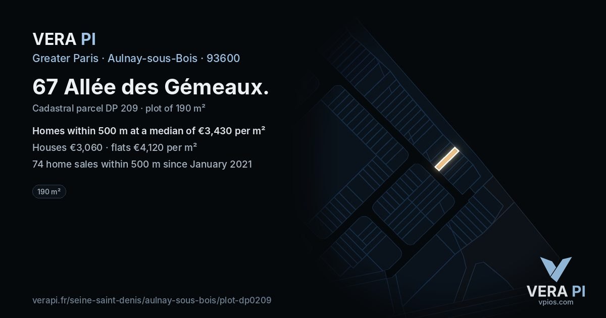 67 Allée des Gémeaux, Aulnay-sous-Bois at night – the plot lit, the parcels around coloured by the prices near them