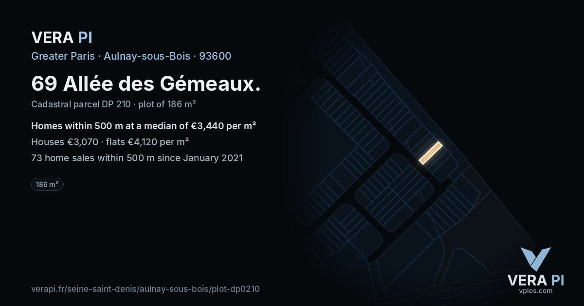 69 Allée des Gémeaux, Aulnay-sous-Bois at night – the plot lit, the parcels around coloured by the prices near them