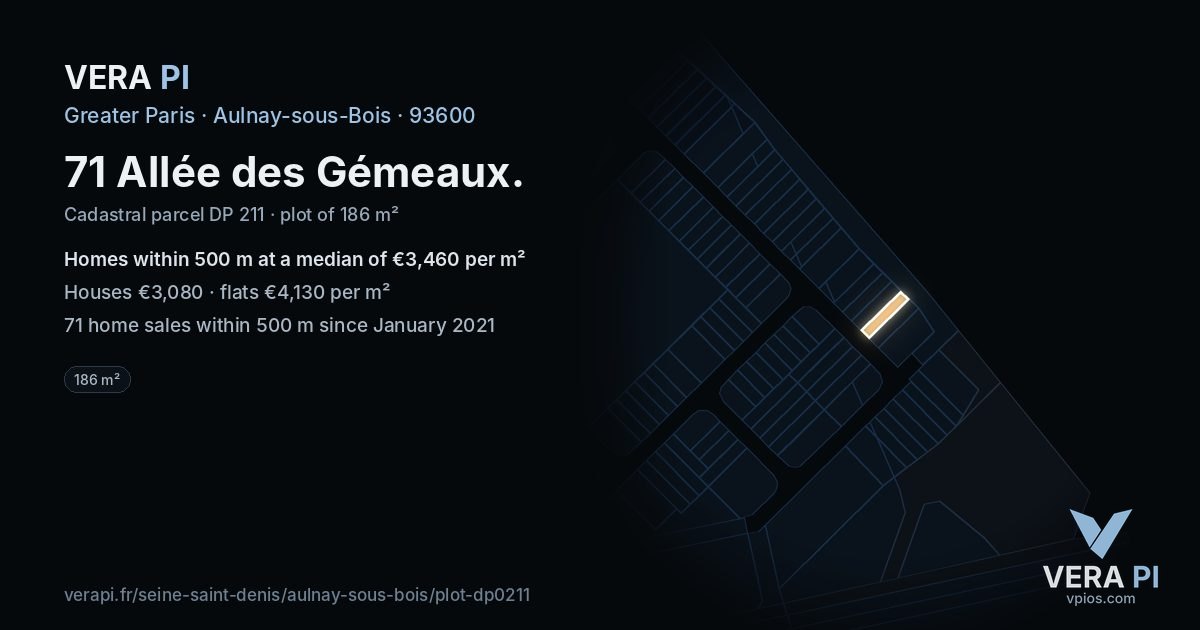 71 Allée des Gémeaux, Aulnay-sous-Bois at night – the plot lit, the parcels around coloured by the prices near them