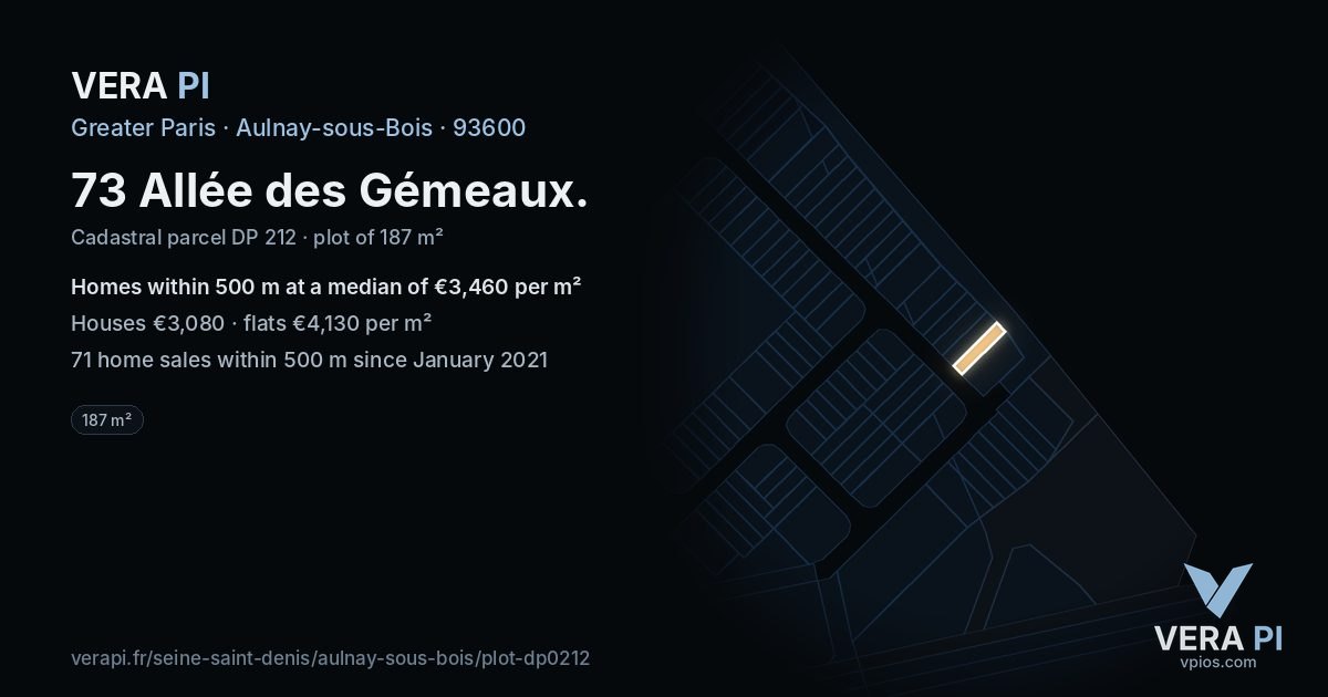 73 Allée des Gémeaux, Aulnay-sous-Bois at night – the plot lit, the parcels around coloured by the prices near them