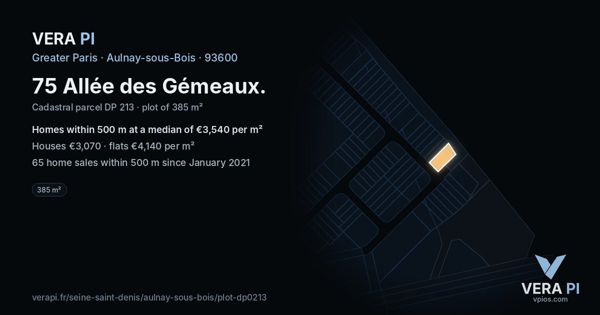 75 Allée des Gémeaux, Aulnay-sous-Bois at night – the plot lit, the parcels around coloured by the prices near them