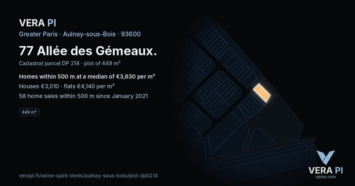 77 Allée des Gémeaux, Aulnay-sous-Bois at night – the plot lit, the parcels around coloured by the prices near them