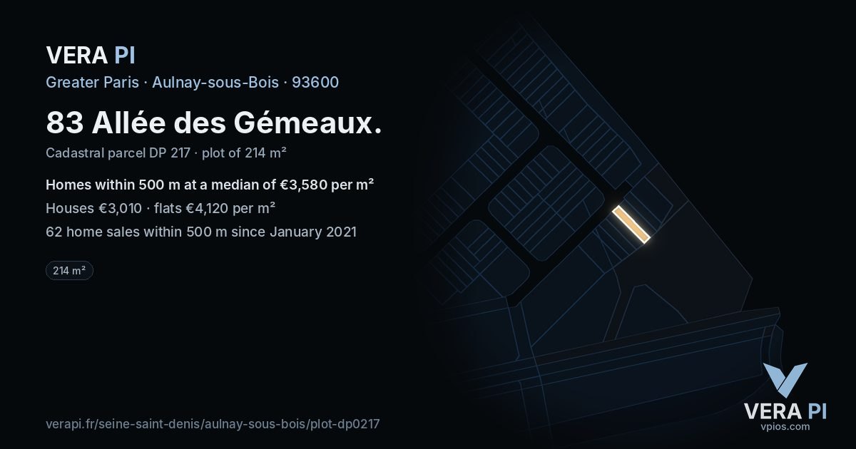 83 Allée des Gémeaux, Aulnay-sous-Bois at night – the plot lit, the parcels around coloured by the prices near them