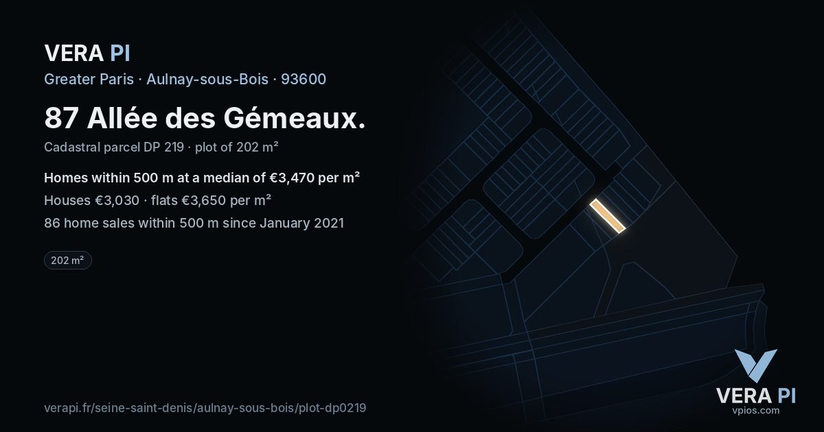87 Allée des Gémeaux, Aulnay-sous-Bois at night – the plot lit, the parcels around coloured by the prices near them